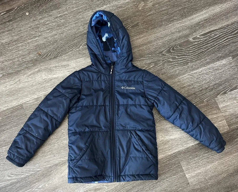 Columbia Reversible Jacket Boys 8 Blue Camo Hooded Fleece Lined Puffer Winter